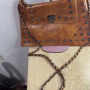 Studded Tan Leather Shoulder Bag